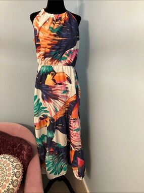 Tropical Halter Maxi Dress in Multicolor Toucan Print